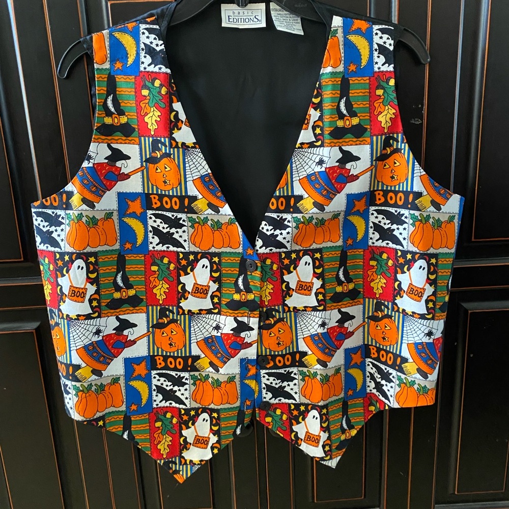 90s Halloween Vest Women’s XL Basic Editions Tie Back Colorful Witch Ghosts Bats